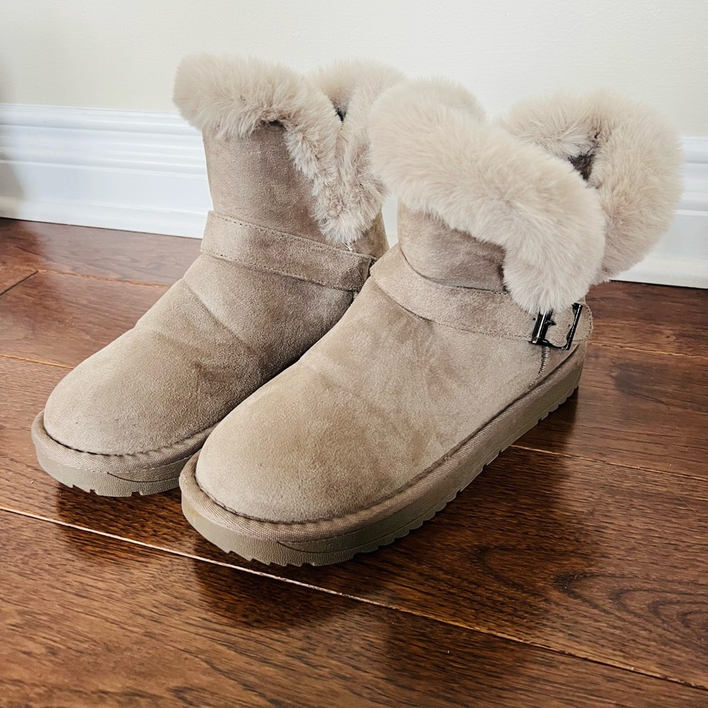 Suede Faux-Fur Fold-Over Ankle Booties - Taupe